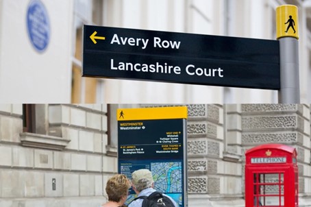 图：英国伦敦的寻路标识（Legible London）使用高对比颜色，每个路牌顶部统一附有黄色底图及步行者图标.jpg